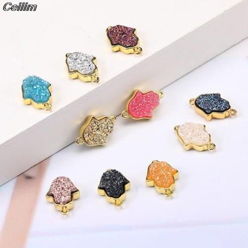 10pcs 12x19mm Hamsa Fatima Hand Connector Charms Fit Lucky Bracelet 2 Holes Resin Stone Druzy Pendant Diy Findings Accessories