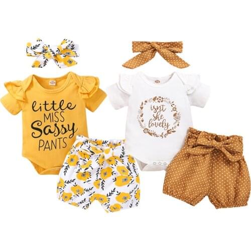 2020 Summer Toddler Kids Baby Girls Clothes Set Short Sleeve Cotton Romper Tops Florals Shorts Headwear Outfits Set 3pcs