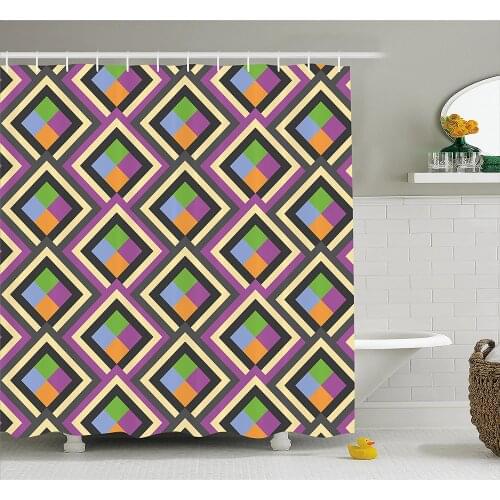 Abstract Shower Curtain Geometric with Inner and Outer Square Shaped Figures Artful Graphic Print Bath Curtains For Bathroom