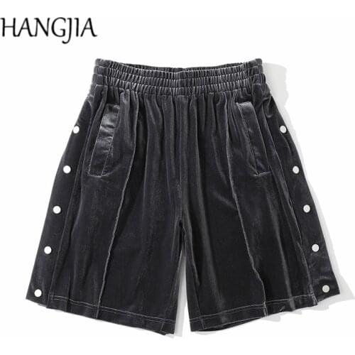 ArmyGreen Velvet Joggers Short Mens Summer Hip Hop Streetwear Velour Sweat Shorts Side Buttons Adjustable Split Sweat Pant 2021