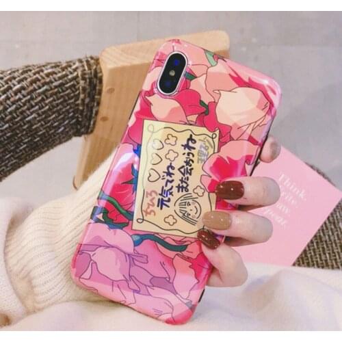 Japanese Girl Phone Case Silicone Glossy Cover For iPhone XS MAX XR X 7 7Plus 8 6 6s Cases Kawaii Flower Candy Pink Coque Capa