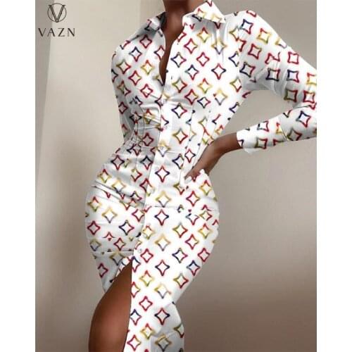 VAZN 2021 Autumn Shirt Dress Office Lady Young Sexy High Waist Parity Fashion Full Sleeve Long Dress Elegant Women Dress