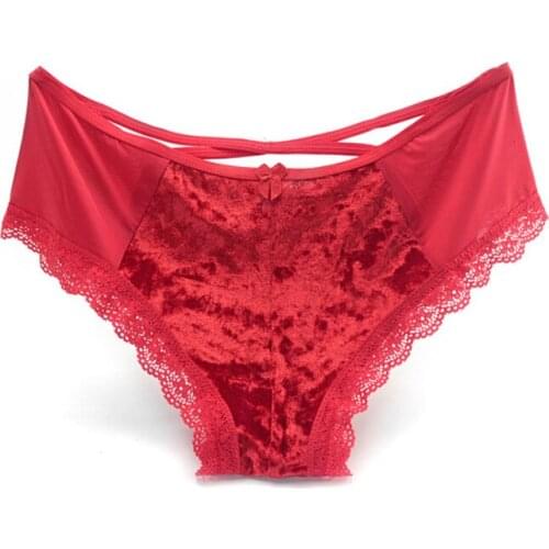 Hot Sale Womens Underwear Golden Velvet Warm Pants Lace Low Waist Sexy HollowCross-band Seamless Ladies Pants Cotton Crotch