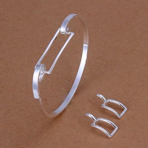 Hot selling 925 jewelry silver plated jewelry set fashion jewelry set Square Bangle&Earring Jewelry Set SMTS261
