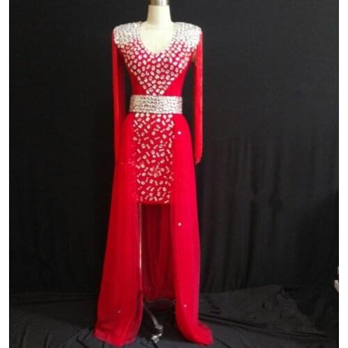 F40 Red Diamond Crystals Dress Blue v-collar tailing one piece dress stage ballroom dance costumes Prom party dj wears skirt