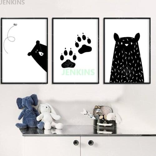 Nordic Home Decoration PictureBlack White Bear Paw Animals Wall Art Canvas Painting Funny Alphabet Nursery Quote Print Poster