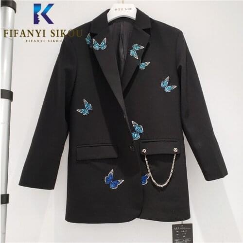 2020 New Fashion Designer Blazer Jacket Women Single Breasted Butterfly Embroidery Suit Jacket Lady Loose Black Blazers Coat