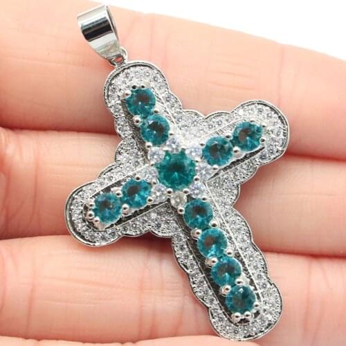 51x33mm Luxury Cross Shape Created Blue Aquamarine Citrine Tourmaline Tanzanite Peridot For Womans Daily Wear Silver Pendant