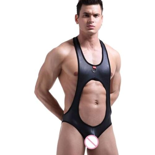 Sexy Men Hollow Out High Cut U Convex Pouch Bodysuit PU Faux Leather Backless Leotard Jumpsuits Back Strap Gay Wear Plus Size 27