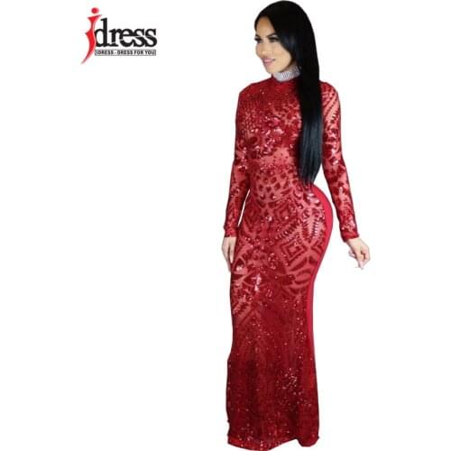 IDress 2020 Sexy Turtleneck Long Sleeve Sequined Party Dresses Floor Length Full Sleeved Bodycon Black Maxi Dress Evening Gown