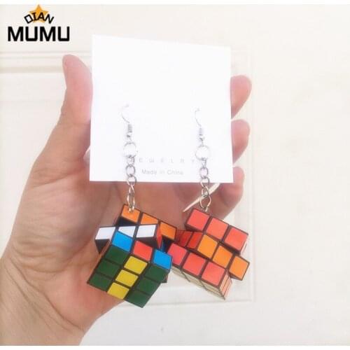 Creative hand-made small Rubiks cube earrings personality exaggerated long earrings punk trendy accessories Ear clip For Gifts