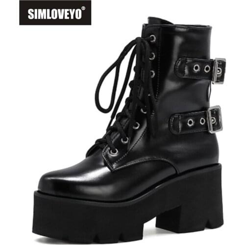 SIMLOVEYO New 2021 Ladies Ankle Boots Round Toe 7cm Block Heels Patent Leather Buckle Zip Classic Punk Stylish Big Size 43 B2345