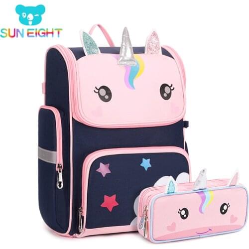 SUN EIGHT 3D Girl School Bags Cute Cartoon Children Backpacks Waterproof Bag For Kids Orthopedic Back Primary School