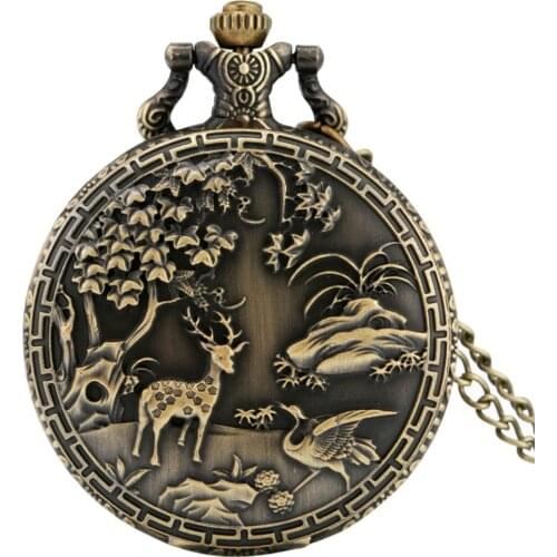 Antique Elk Cranes Design Quartz Pocket Watch Chain Necklace Pendant Steampunk Chain Pocket Fob Watch Clock Gifts Animal Watches