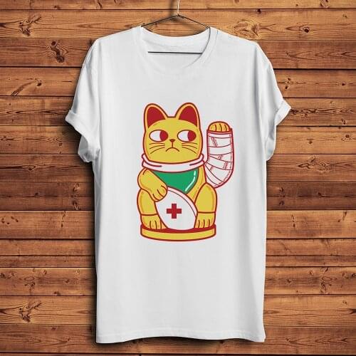 Unlucky wounded Maneki Neko lucky Cat funny anime tshirt men new white casual short sleeve unisex cute streetwear t shirt