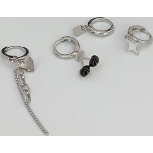 VSnow Korean Sweet Asymmetric Cherry Star Hoop Earring for Women Textured Love Heart Long Tassel Lock Metal Earring Jewelry