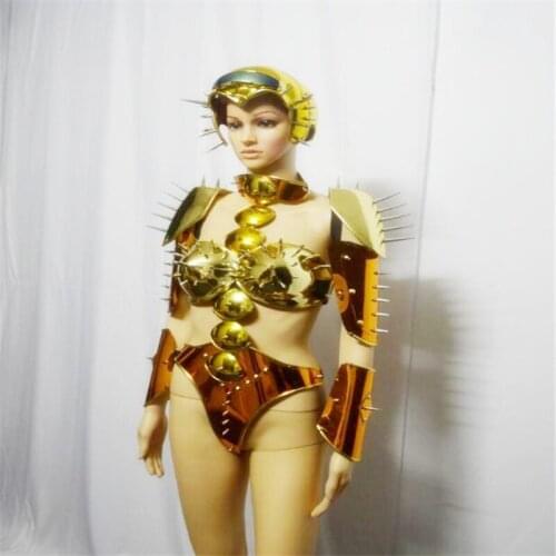EC751 Gold mirror robot suit women stage catwalk wears performance bodysuit dj dress clothe bar show outfits armor costumes club