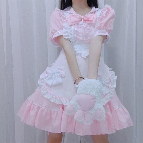 Women Maid Outfit Anime Cute Cat Pink Blue Lace Trim Apron Cat Paw Lolita Dresses Cosplay Costume Full Set Plus Size