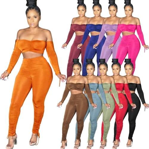CM.YAYA Sexy Womens Set Off Shoulder Long Sleeve Crop Top Stacked Pants Suit Active Wear Tracksuit Two Piece Set Fitness Outfit