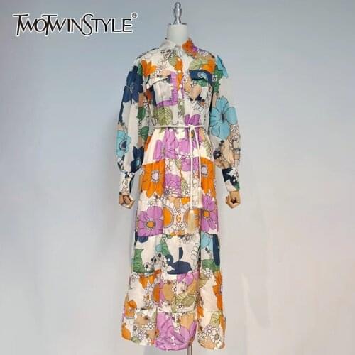 TWOTWINSTYLE Casual Lace Up Floral Print Long Dress Female Lapel Long Sleeve Gathered Waist Midi Dresses For Women 2021 Clothing