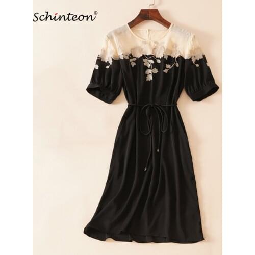 Schinteon New Women Embroidery Dress Real Silk O-Neck Collar Patchwork Elegant Sashes Short Sleeves Dresses Top Quality