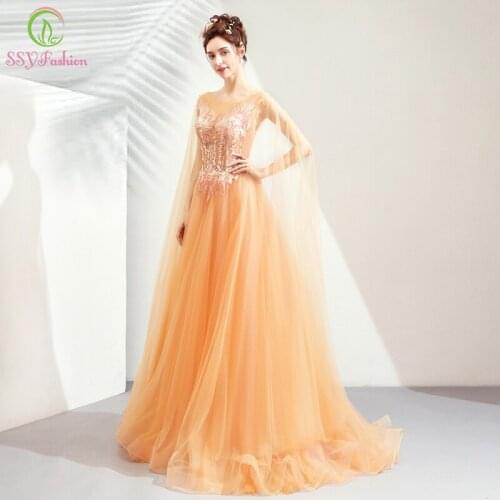 SSYFashion 2019 New Luxury Gold Evening Dress Lace Embroidery Sweep Train Noble Formal Party Gown Prom Dresses Robe De Soiree