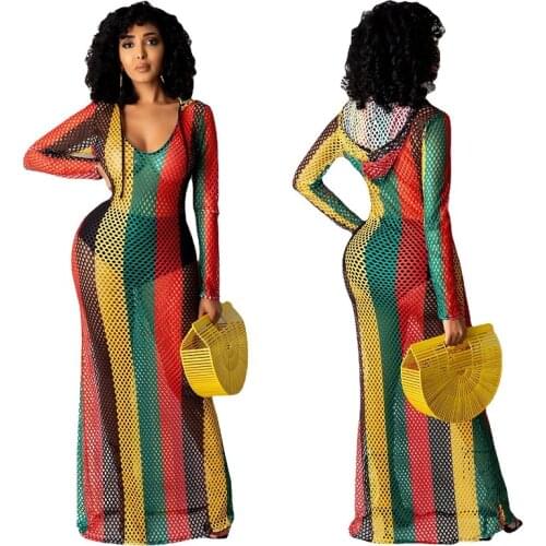 2021 Summer holidays rainbow striped beach maxi dress sexy women hollow out bikini swimwear cover-ups beachwear cover up
