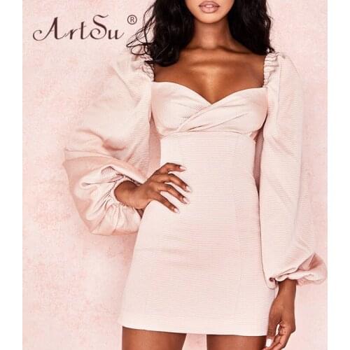 ArtSu Elegant Square Collar Pink Celebrity Party Dresses Women Puff Sleeve Sexy Bodycon Mini Dress 2019 New Backless Robe Femme