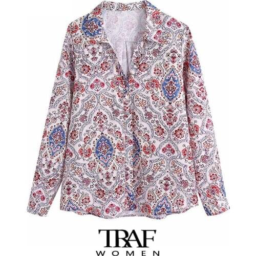 TRAF Za Women Fashion Floral Print Loose Blouses Vintage Long Sleeve Button-up Female Shirts Chic Tops