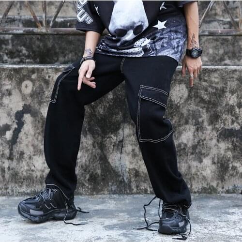 Summer black big-pocket open-line Hong Kong style jeans loose wild trendy lace-up men and women same style wide-leg pants in