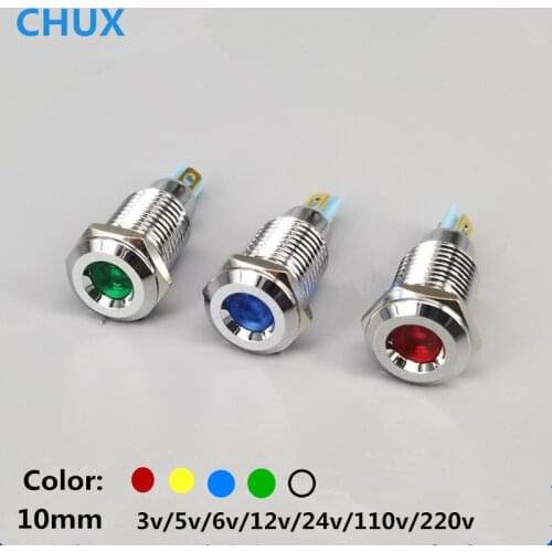 LED Metal Indicator light waterproof Signal lamp 10mm 5V 6V 12V 24V 48V 110V 220v red yellow blue green white Switch
