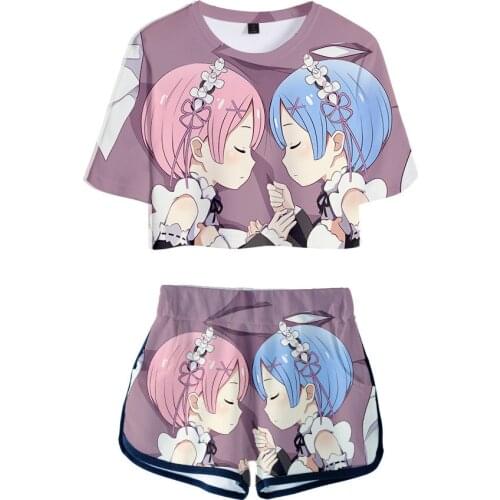 Trendy Cool Anime Rem and Ram T-shirts shorts Pants Dew navel Sport Girls Short Sleeve Suits Re Zero Girls Sexy Two Pieces sets