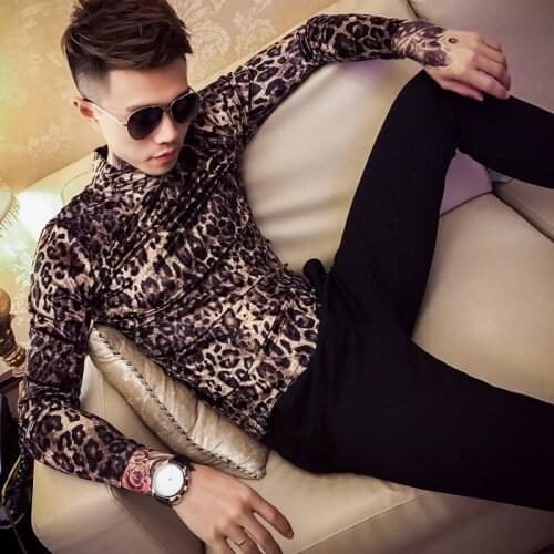 Casual Mens Long Sleeve T-Shirts High Collar Sexy Leopard Print Korean New T Men Brand Slim Fit Gentlemen Tee Shirt Homme