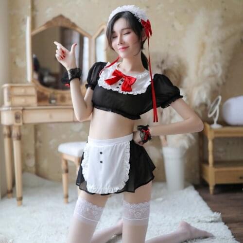 Black Japanese cute maid underwear set sleepwear chiffon perspective bow split pajamas set five-piece