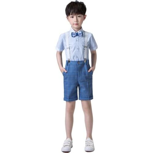 Boys Suits for Weddings Shirt+Shorts +Overall+Tie 4pcs Clothing Set Kids Birthday Party Formal Dress Children Host Costume