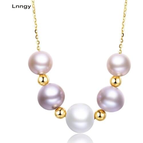 Lnngy 18K Yellow Gold Choker Natural Freshwater White Purple Pearl Necklace Women Wedding Link Chain Fine Jewelry Wholesale