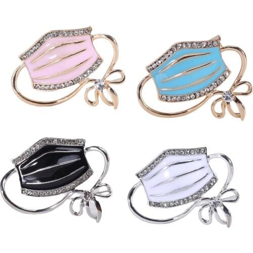 N7MF Enamel Mask Brooch Funny Social Distancing Jewelry Rhinestone Metal Lapel Pin