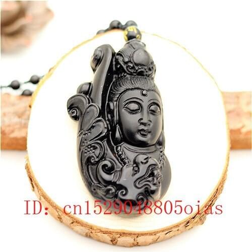 Natural Black Obsidian Dragon Guanyin Pendant Beads Necklace Fashion Charm Jewellery Hand-Carved Lucky Amulet Gifts for Women