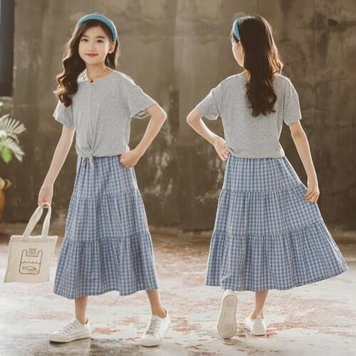 2021 New Girls Clothes Set Kids Summer Suit Gray Tops and Plaid Midi Skirt Cotton Bow Teen Two Pieces Set Children Suit,#6270