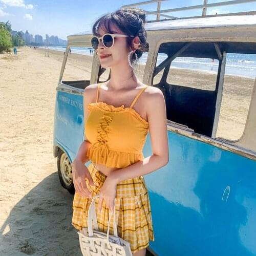 2021 New Korean Push Up High-waist Bikini Sets Women Sexy Two Pieces Swimsuits Beach Swimming Suit Lattice Swimskirt