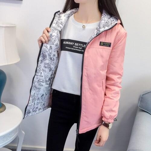 2017 autumn and winter new add cotton jacket female students reversible style hooded baseball uniform jackets coat