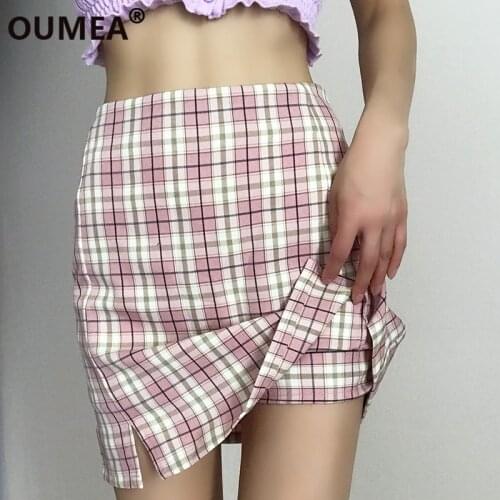 OUMEA Women Pink Plaid Skirts High Waist Cute Check Skirt Summer Female Chic Short Casual Skirt Going Out Pink Skirt For Girls