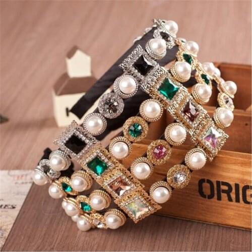 Baroque Rose Crystal Headband Headwear For Women Girl Wedding Hair Jewelry Gold Metal Carved Green Gem Queen Crown Tiara