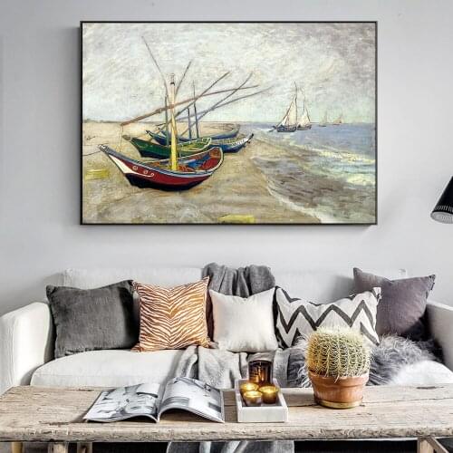 Fishing Boats on Beach By Van Gogh Canvas Paintings Reproductions on The Wall Seascape Posters Print for Living Room Decor