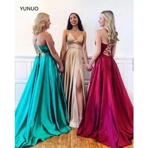 YUNUO Sexy Satin Long Prom Dresses Side Slit Criss-Cross Back Formal Evening Gowns robe de soiree Party Dress Sweep Train