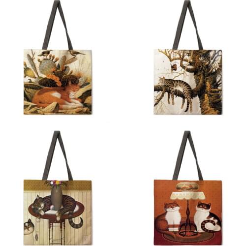 Classic oil painting cat print tote bag female casual portable lady shoulder bag foldable shopping bag outdoor beach bag