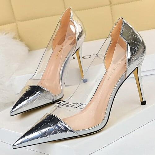 BIGTREE Shoes Women High Heels Luxury Patent Leather Pumps Ladies Shoes Transparent Splicing Heels Female Stiletto Heels Women