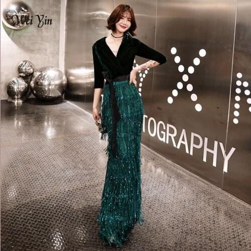 Wei yin Green Velvet Evening Dresses Long Mermaid V-Neck Formal Dress Sequined Abendkleider Women robe de soiree longue WY1262