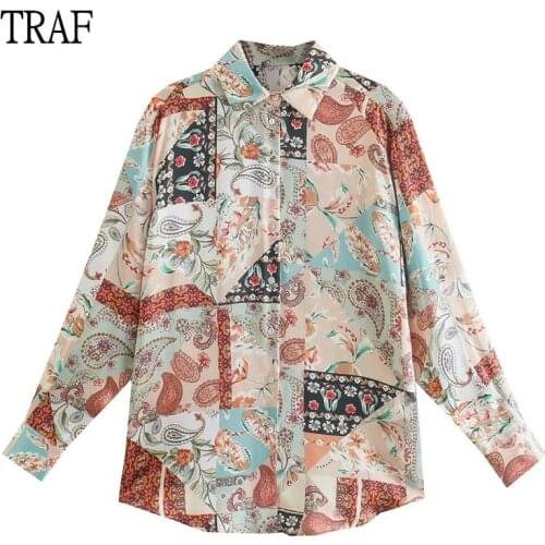 TRAF Za Woman 2021 Women Shirts Vintage Print Buttons Oversize Shirt Long Sleeve Top Women Clothing Loose Autumn Blouse Chic Top