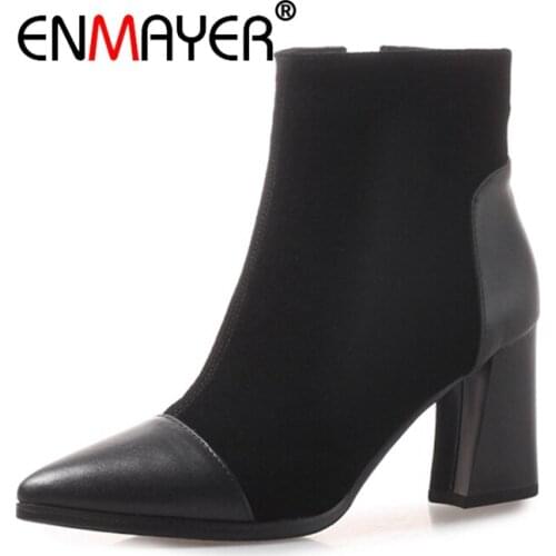 ENMAYER Women Ankle boots Fashion boots 2020 Size 34-39 Causal Leather Winter shoes Pointed Toe High heels Zipper Patch CR2022